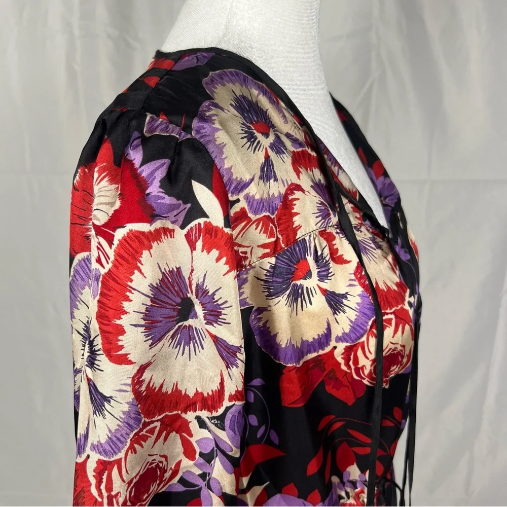 Johnny Was 100% silk floral patterned dress with drawstring waist.